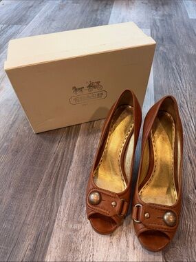 Coach Dorita Heeled Peep-Toe Sandal Whiskey Brown Leather Gold Accent 7.5 w/ box